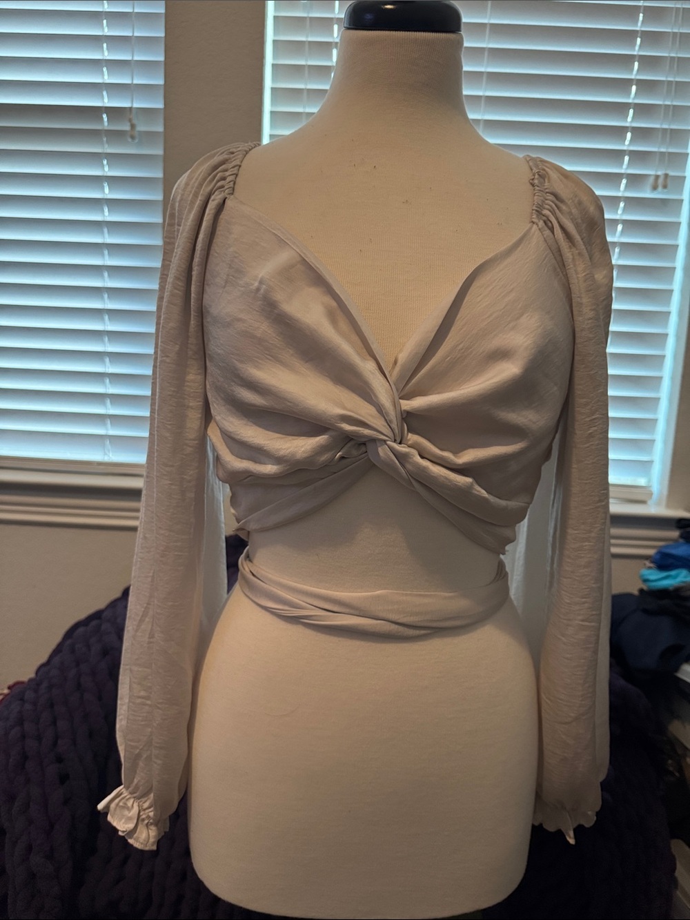 MARBLE Cream Twist-Knot Long Sleeve Crop Top